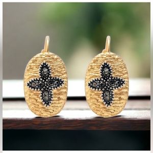 💝Boutique✨Gold Hematite Medallion Earrings Boho Flourish~14K Gold Plated Brass